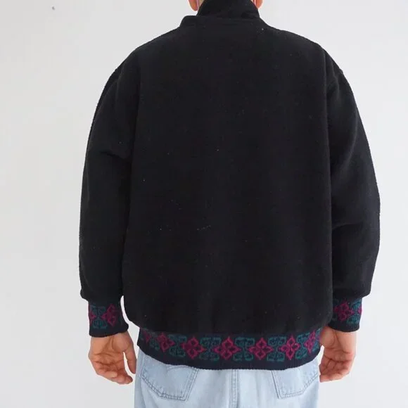 VTG Alps Black Southwestern Heart Geometric Pattern Fleece Pullover Sweatshirt L - Picture 2 of 9